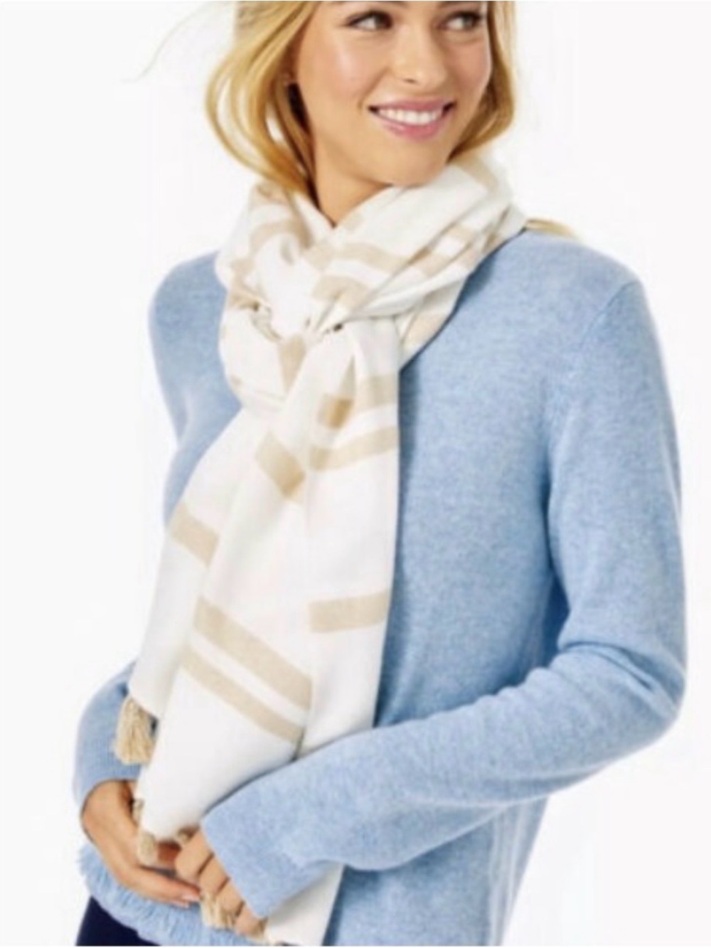 Lilly Pulitzer Cream Scarf -‎ Throw with Tan Stripes and Tassels